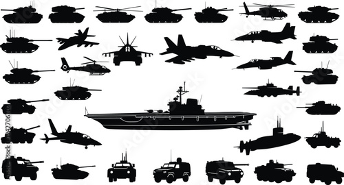 Military vehicles and aircraft silhouettes set with tanks fighter jets helicopters warship submarine armored vehicles army defense transport collection isolated on white