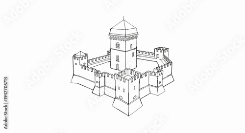 A stark, black and white line drawing of a fortified medieval castle complex
