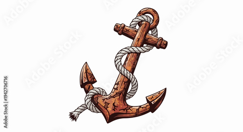 A weathered brown anchor with a thick rope coiled around it, set against white