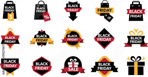 Collection of Black Friday sale and shopping bag icons with discounts