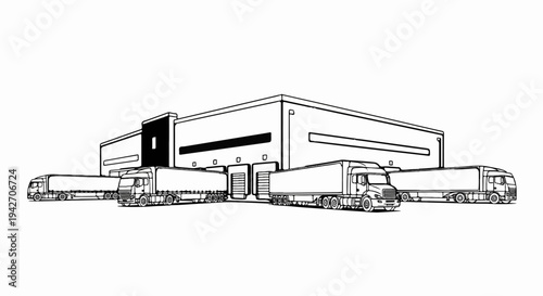 Commercial building with multiple trucks at loading docks