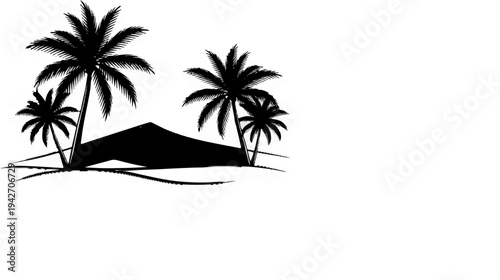 Silhouette of palm trees and a conical structure on a sandy surface