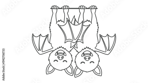 Playful Bats: Two adorable bats hanging upside down, depicted in a charming, cartoonish style. A whimsical illustration with a lighthearted feel.
