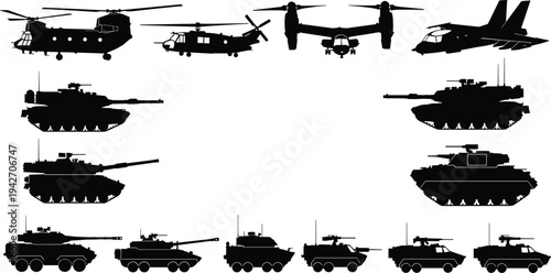 Military vehicles and aircraft silhouettes, tanks helicopters fighter jet armored transport set, modern army combat equipment collection isolated vector illustration