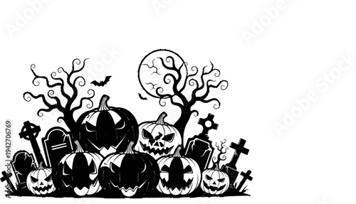 Spooky Halloween scene with carved pumpkins, gravestones, and a full moon