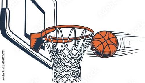 Retro basketball hoop with ball in motion