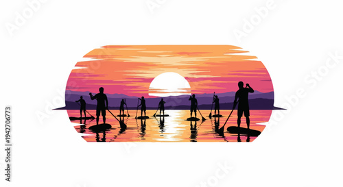 Silhouettes of people paddleboarding on water during sunset