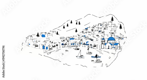 Sketch of a white-washed village with blue roofs and domes, nestled on a hillside overlooking a harbor