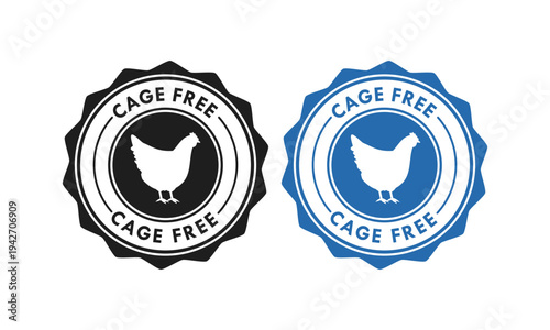 Cage free chicken logo in a scalloped circle badge, representing organic poultry farming, animal welfare, and high quality natural egg production