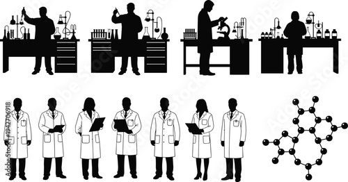 Scientists and laboratory researchers silhouettes set with chemistry equipment microscope and molecular structure, medical science professionals collection isolated on white background