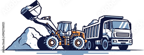 Construction machinery loading materials into a dump truck, pile of rocks