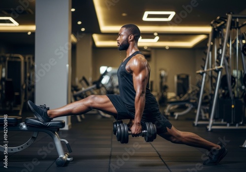 Strength and Focus - Muscular Black Mans Intense Bulgarian Split Squat in a Modern Gym.