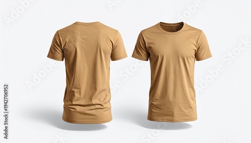 Tan t-shirt mockup, front and back views against a white backdrop
