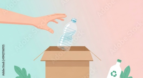 A Simple, Conscious Act - Hand Recycling a Plastic Bottle in a Pastel Illustration.