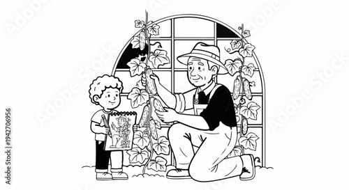 Boy observes grandfather harvesting cucumbers in a garden greenhouse
