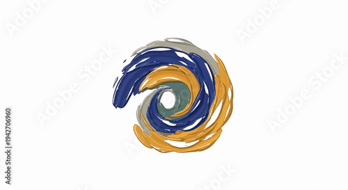 Abstract swirling vortex of textured paint strokes in blue, gold, gray, and green