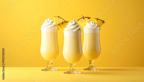 Three creamy yellow drinks with whipped topping, pineapple garnish