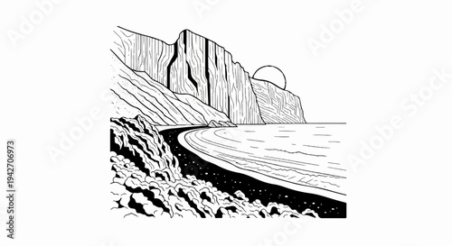 Stylized line art of a rugged coastline with cliffs and a dark beach