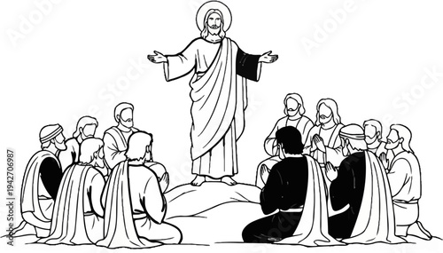 Religious leader teaches followers on a hill, with gestures