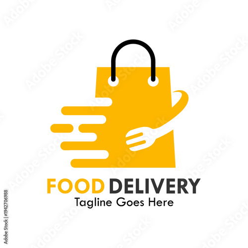 Express food delivery logo with a shopping bag and a fork moving fast, representing quick grocery shipping, restaurant takeout, or online catering services.