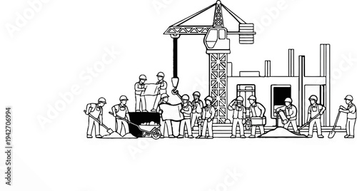 Construction workers operate a crane and build a structure with shovels and plans