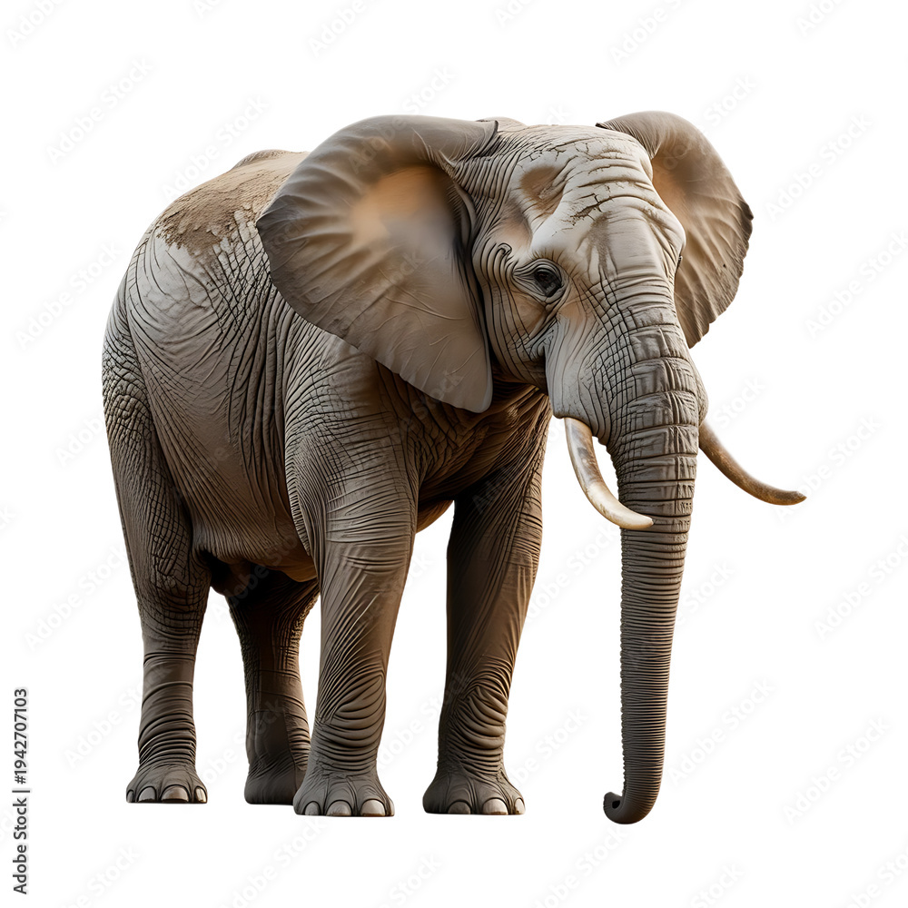 Fototapeta premium African elephant standing side view, majestic wildlife animal portrait, grey nature, transparent background