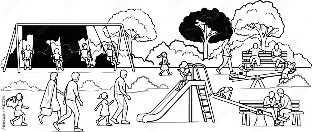 Obraz premium Children and adults enjoy various activities at a lively park