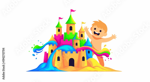 Cheerful child celebrates near a vibrant, multi-colored sandcastle with water splashes