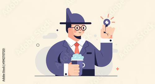 Cartoon businessman holding a frothy mug, wears a hat, glasses, and suit