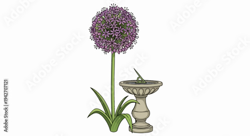 Tall purple allium flower stands next to a stone sundial in a garden