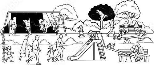 Children and adults enjoy various activities at a lively park