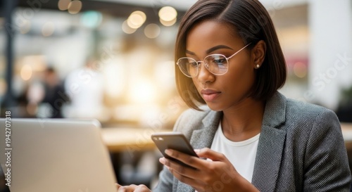 Focused African American Businesswoman in Glasses Multitasking on Smartphone in a Bright, Modern Cafe.