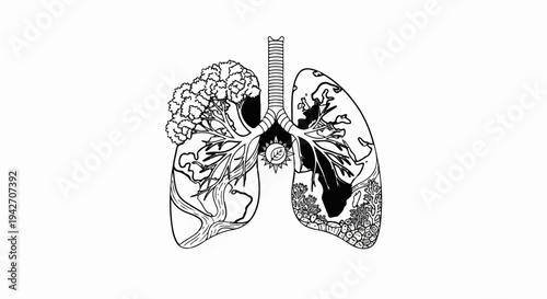 Artistic lungs depicting Earth's diverse ecosystems with a sun