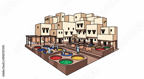 Artisans dye leather in colorful vats beside desert-style buildings