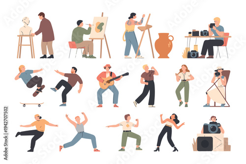 A diverse collection of people engaging in various hobbies like sculpting painting photography and skateboarding