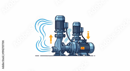 Two industrial pumps with blue water flow and directional arrows