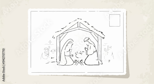 Nativity scene sketch with stable, figures, animals, and star