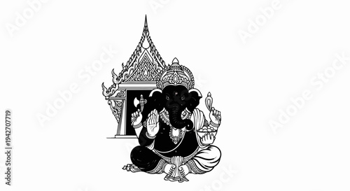 Black elephant deity sits cross-legged before an ornate temple arch