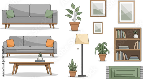 Cozy living room scene with sofas, tables, plants, lamps, and shelves