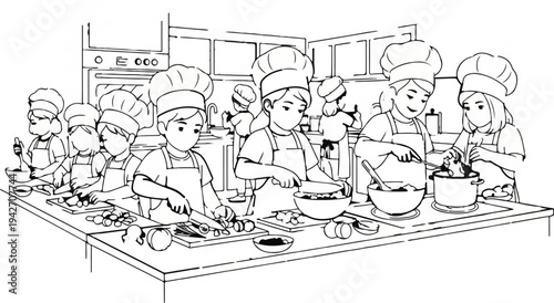Children in chef hats enthusiastically preparing food in a kitchen