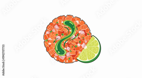 Diced raw salmon with onion, green sauce, and lime