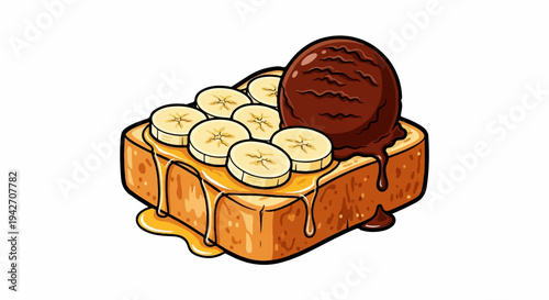 Decadent chocolate ice cream tops honey-drizzled toast with banana slices