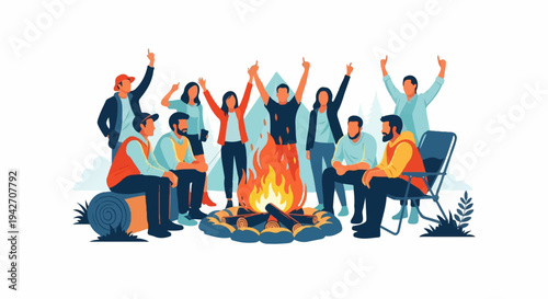 Diverse group of people enjoy a vibrant campfire gathering outdoors