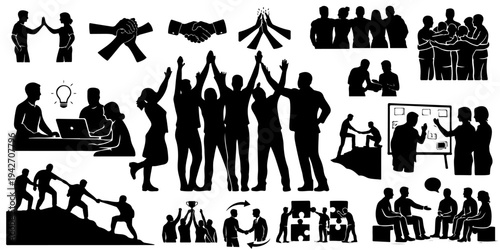 Set of business teamwork, partnership and success silhouettes isolated