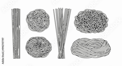 Various forms of uncooked pasta, including bundles and nests