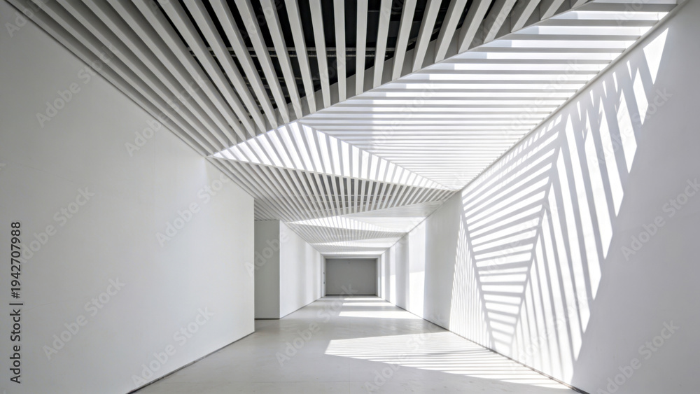 Obraz premium Modern architectural interior featuring a long corridor with geometric white walls and ceiling, illuminated by natural light casting shadows through slatted design