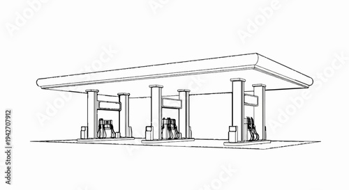 Sketch of a gas station canopy with multiple pumps and empty display signs