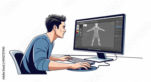 Person at desk working on 3D modeling software on computer