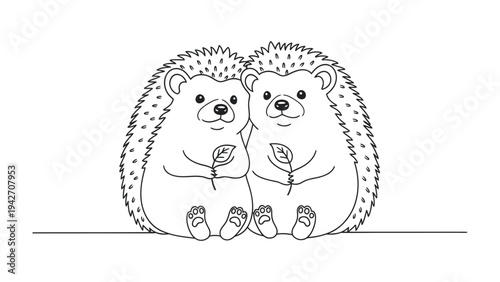 Adorable Hedgehog Couple: Two charming hedgehogs embrace, tenderly holding leaves. This image captures the essence of love, nature, and simple affection.