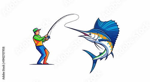 Fisherman reels in a large marlin jumping from the water